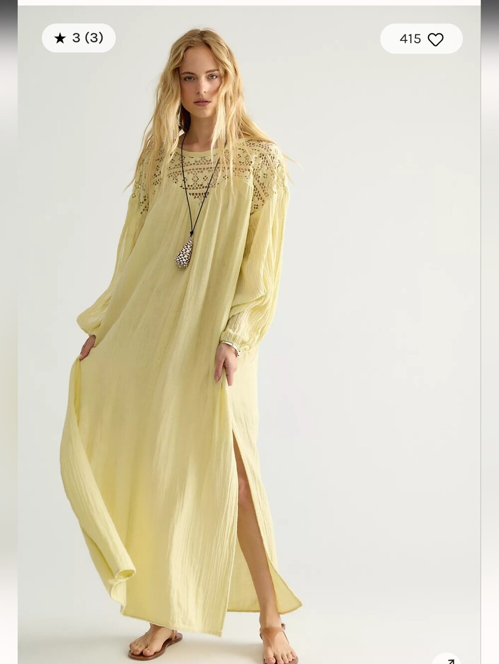 NWT Jen's Pirate Booty Boho Crochet Yoke Maxi Dress in Pale Yellow M
